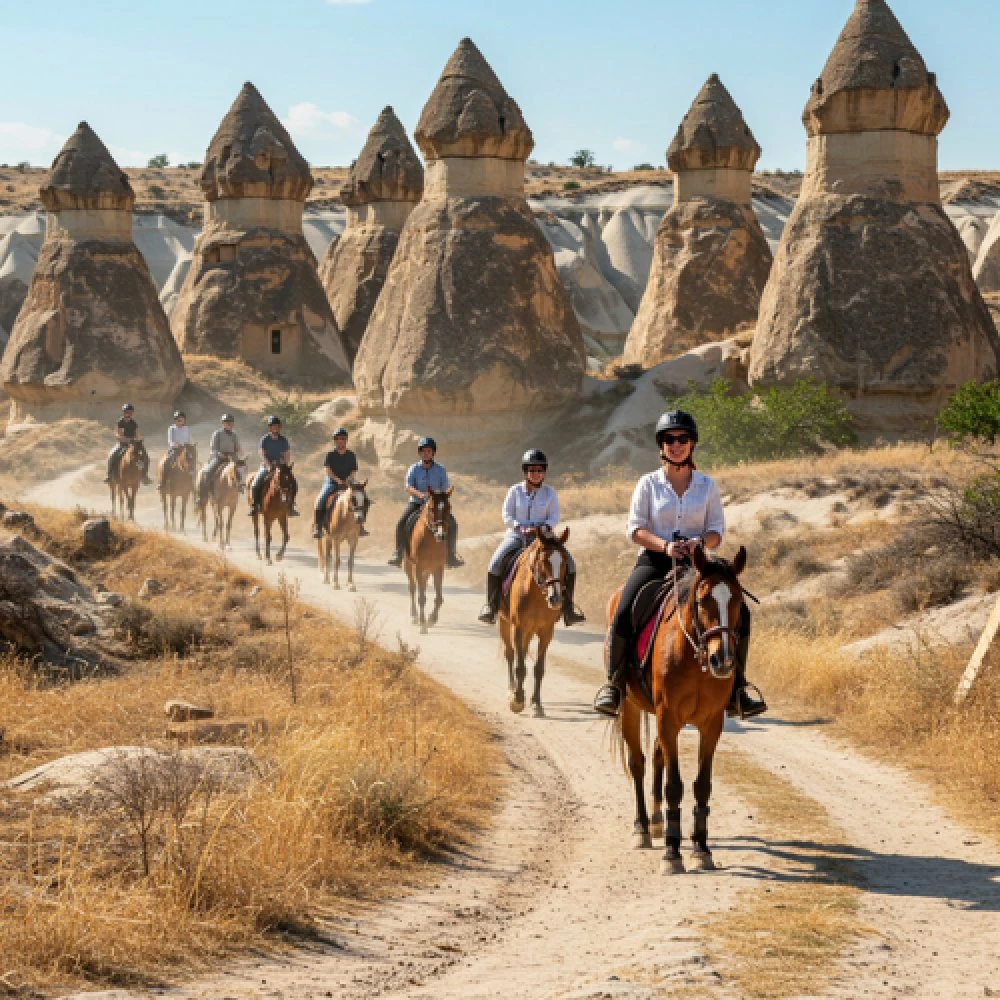 Kapadokya vadisinde atlı gezinti